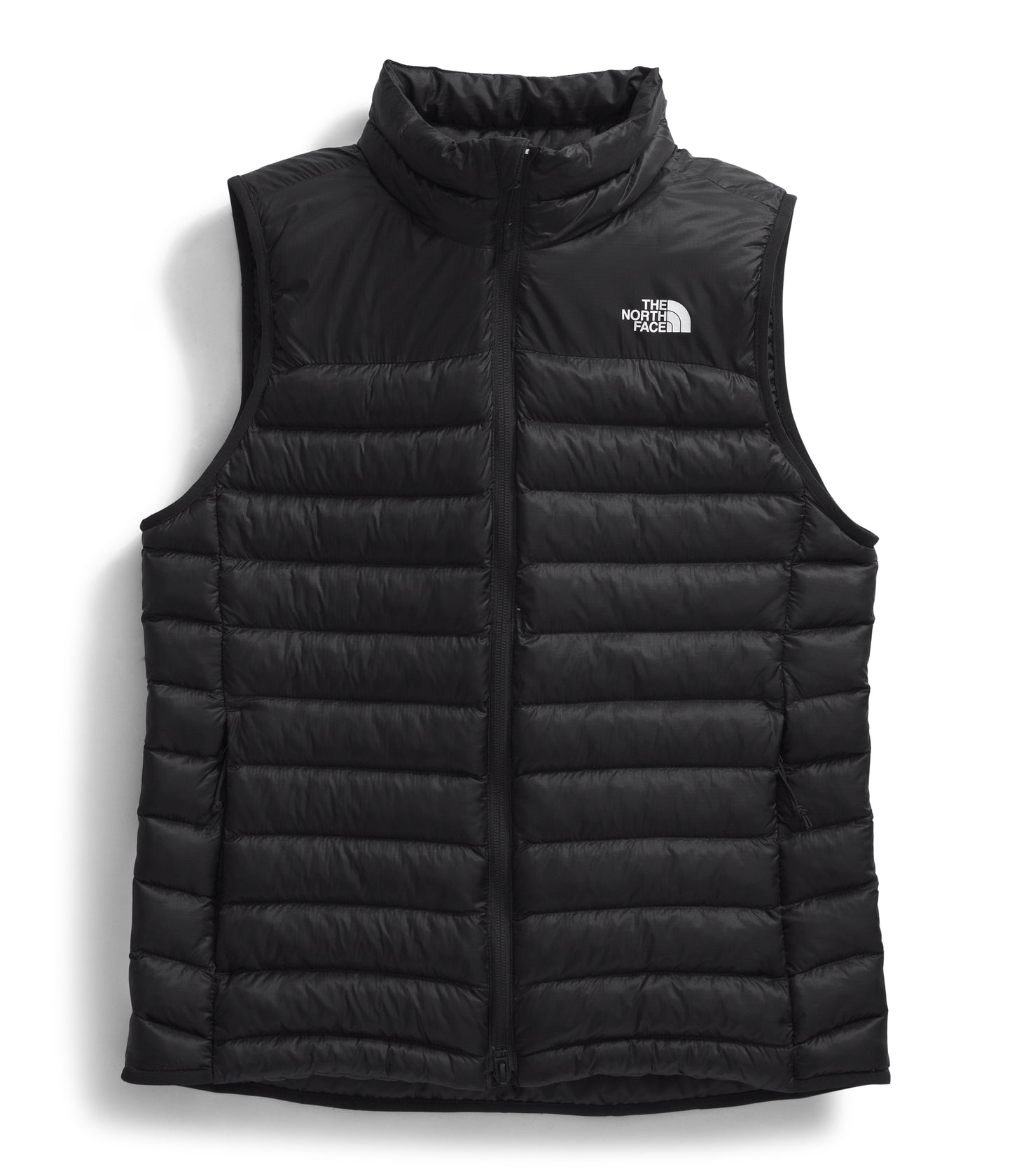 Black, quilted, down filled vest with a high collar and a white logo on the upper right.