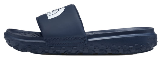 A blue slide sandal with white logo on top.