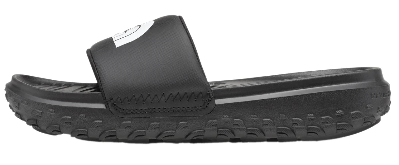 A black slide sandal with a white logo on the strap.