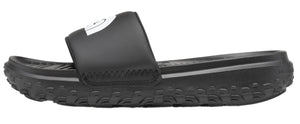 A black slide sandal with a white logo on the strap.
