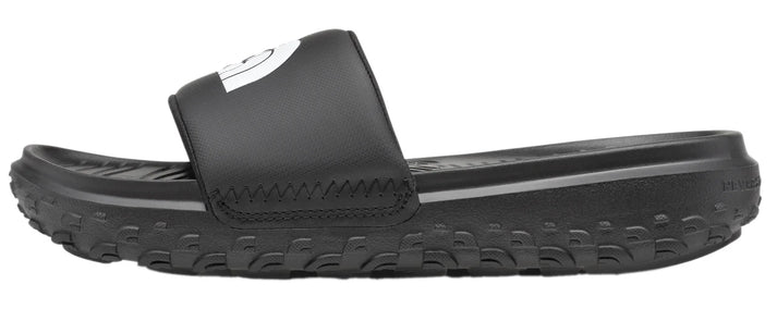 A black slide sandal with a white logo on the strap.