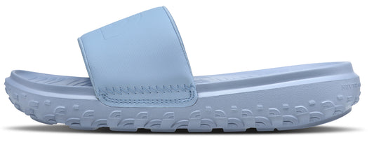 A light blue slide sandal with a thick strap and a textured sole.