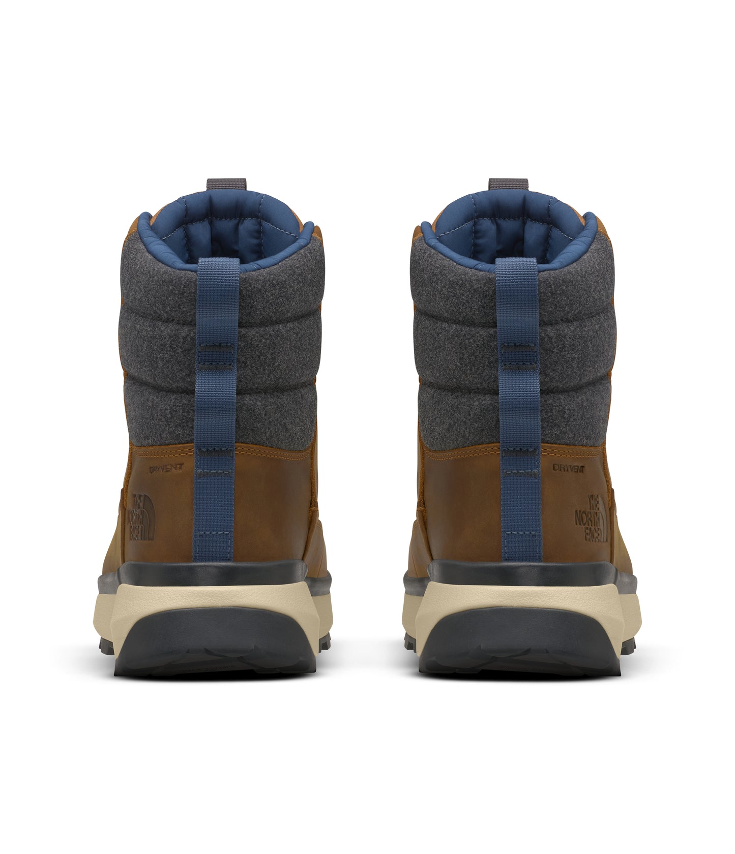 Pair of insulated brown boots with blue and grey accents viewed from the rear.