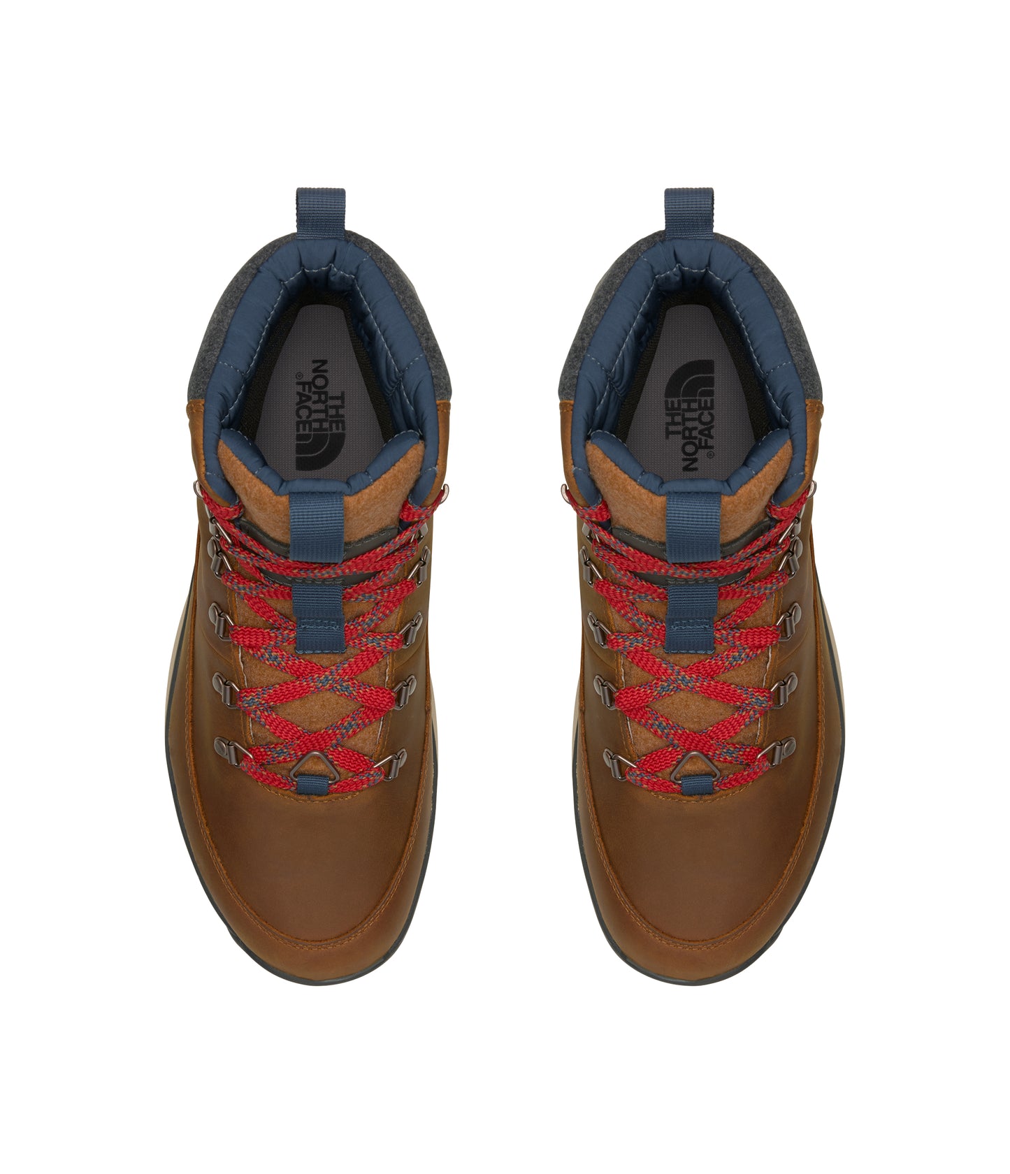 Top view of a pair of brown high top boots with red laces.