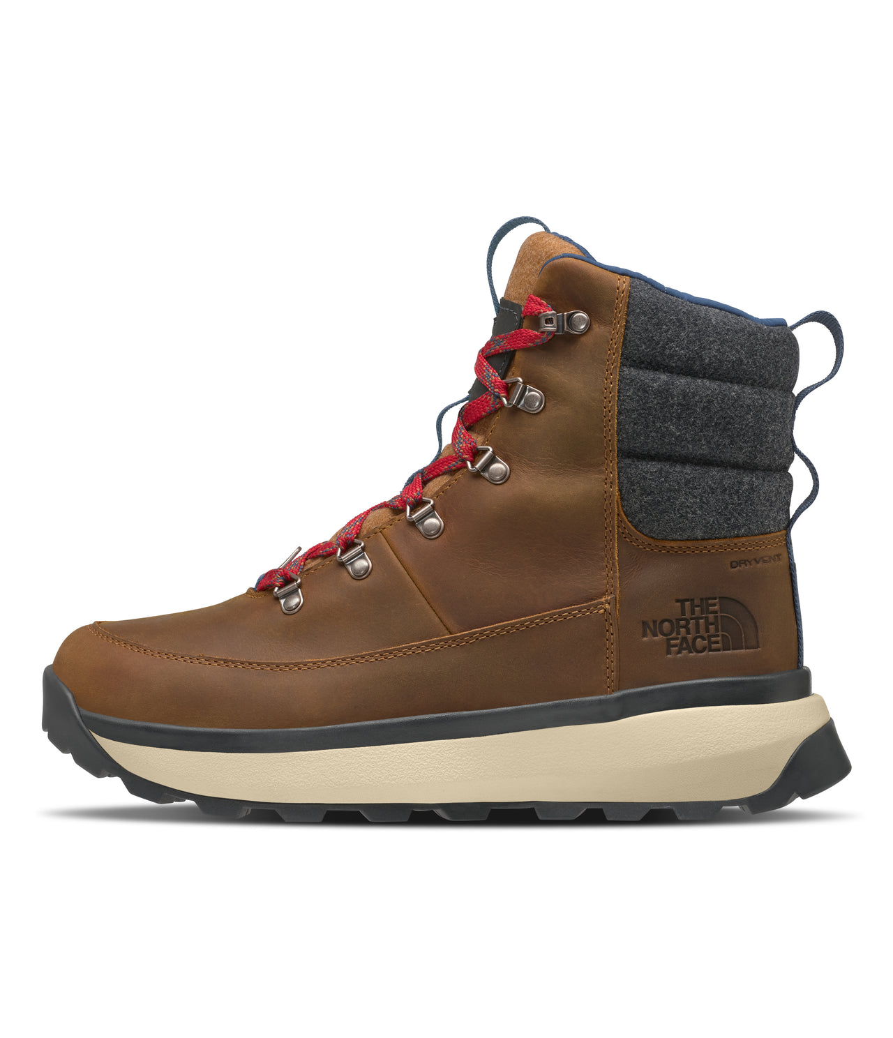 A high-cut brown leather boot with red laces and a thick white sole. The back of the boot has a gray wool-like material and 'THE NORTH FACE' is printed on the side.