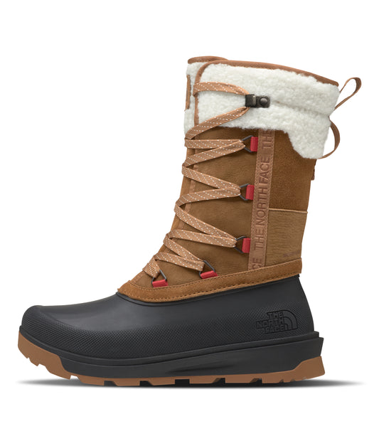 Lace-up brown and black winter boot with white faux fur trim.