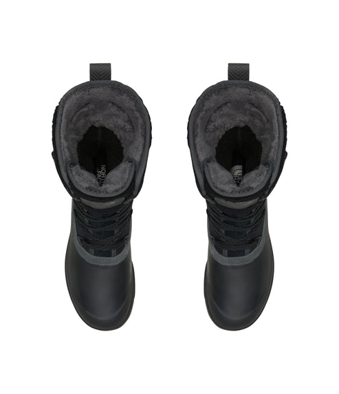 Overhead view of two black winter boots with faux fur lining.