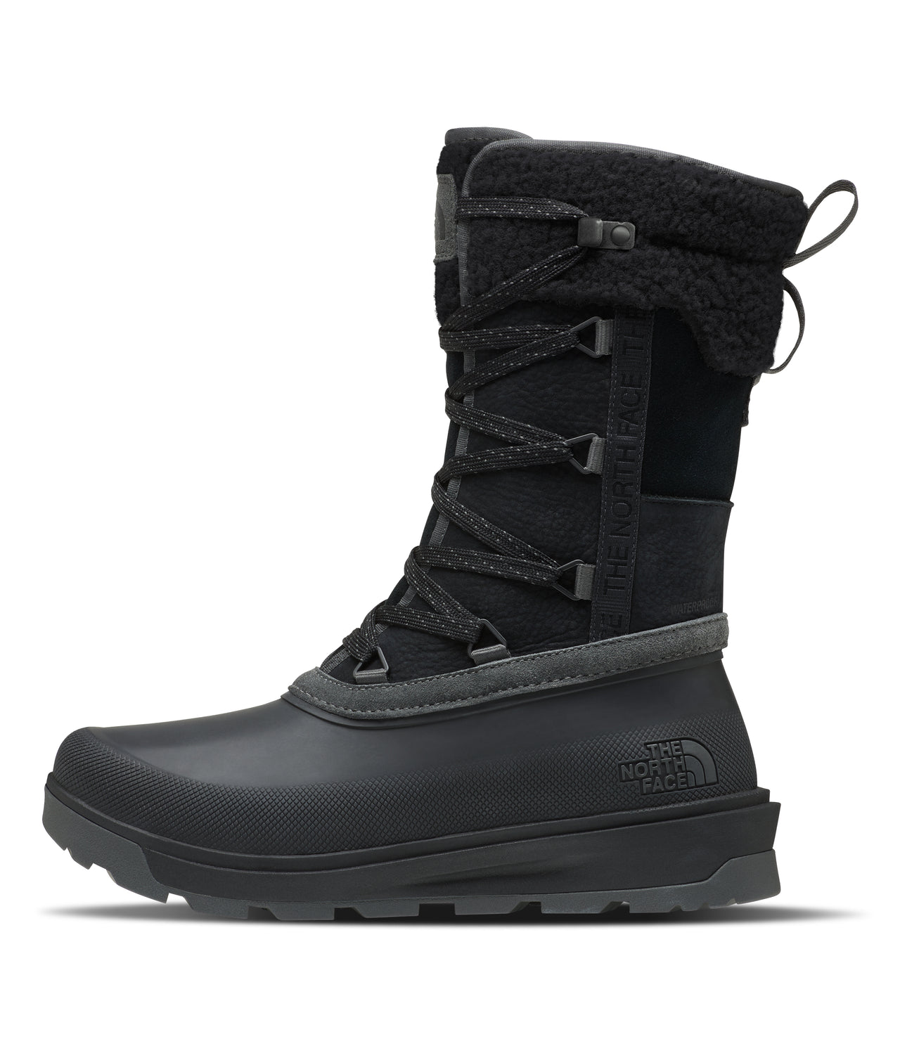 Black, mid-calf winter boot with lace closure, rubber toe, and sherpa-lined cuff.