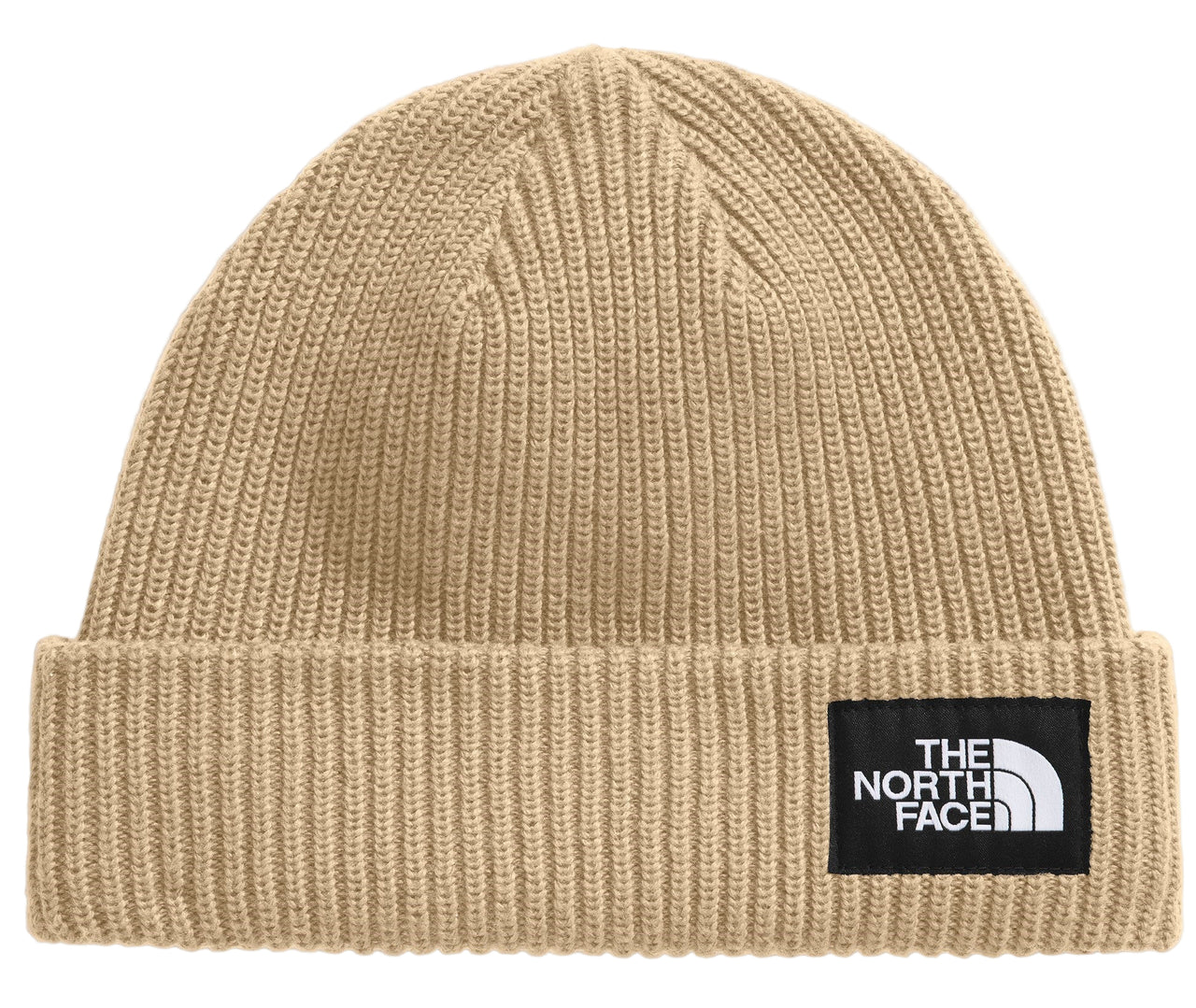 Beige knit beanie with a black rectangular logo patch that says "THE NORTH FACE" in white text.