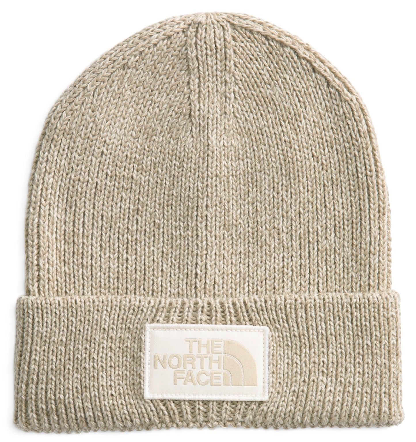 Knitted beige beanie with white rectangular patch with "THE NORTH FACE" lettering.