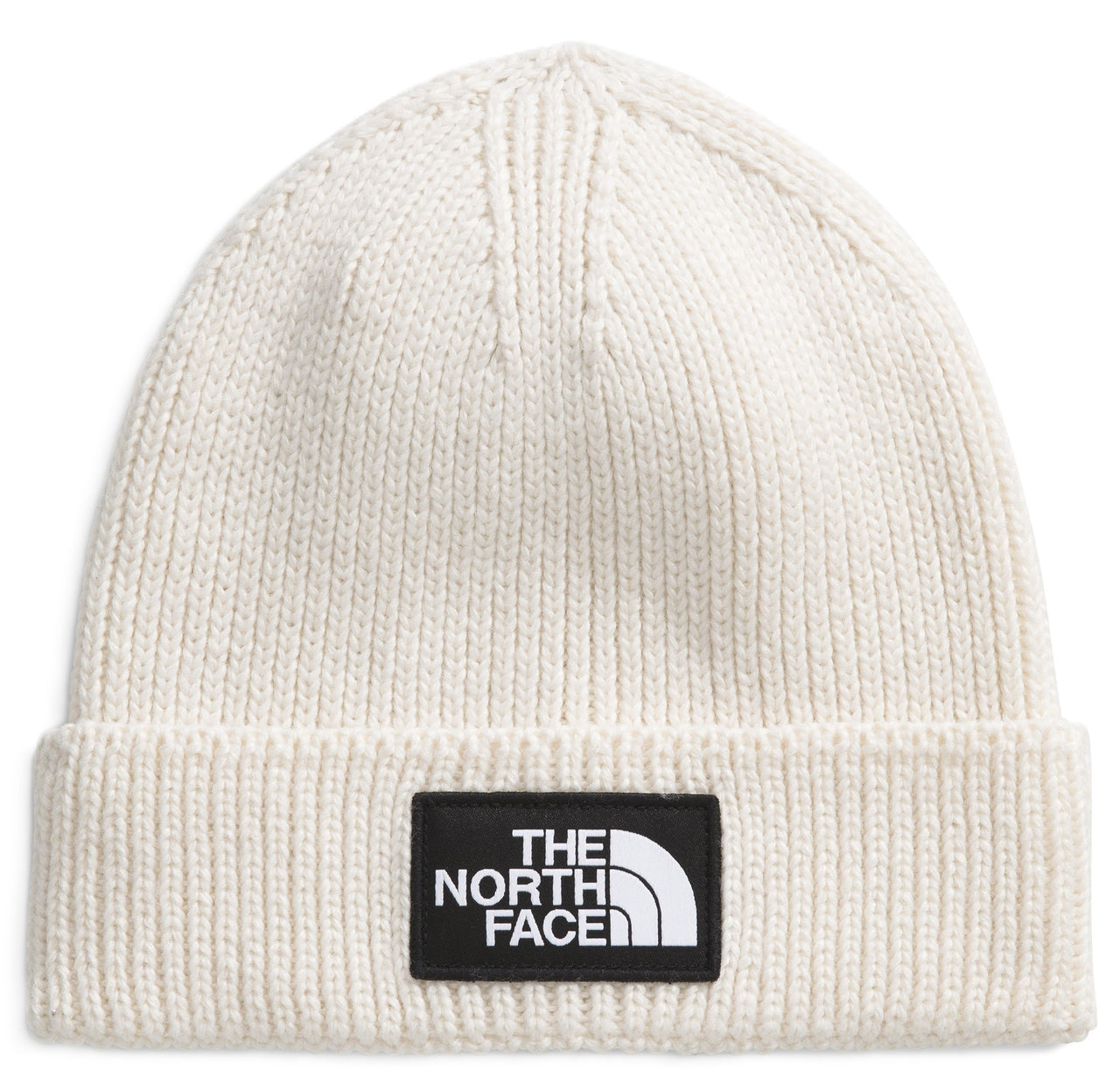 Knit beanie with rectangular logo patch.