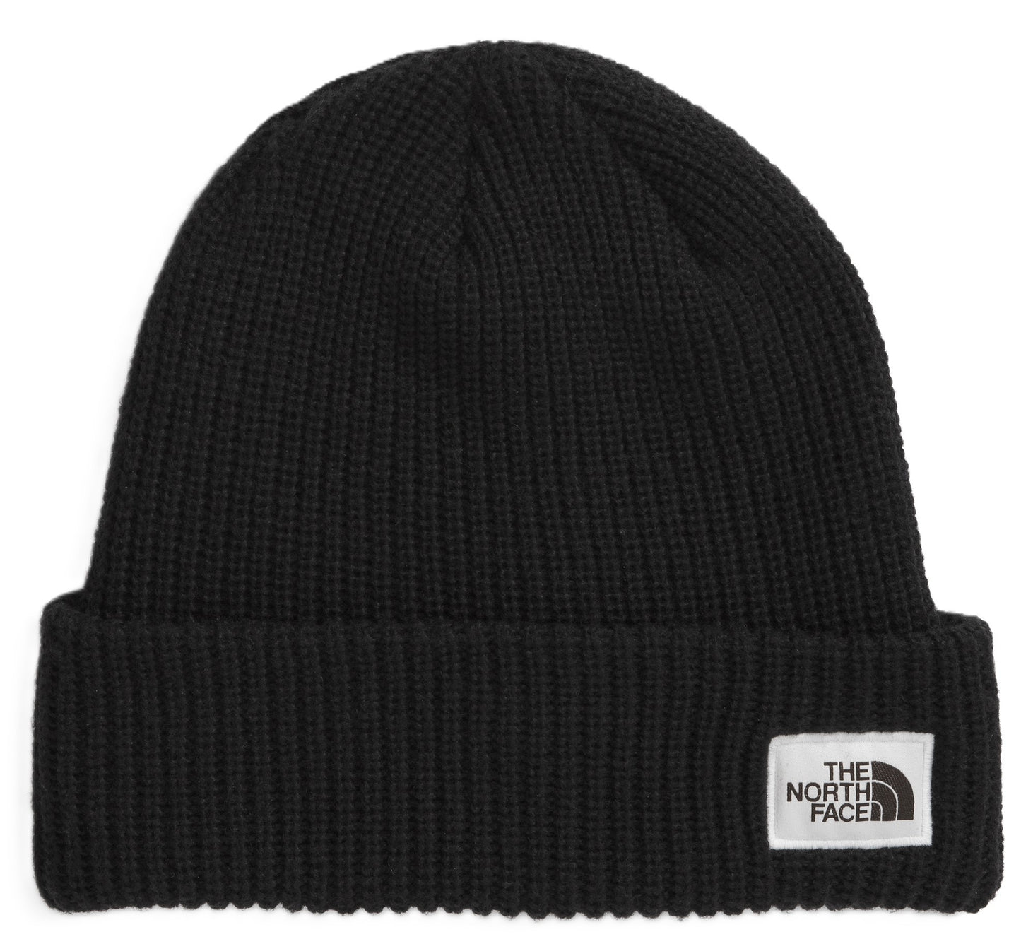 Black knit beanie with a white square label with black text on the lower right side.