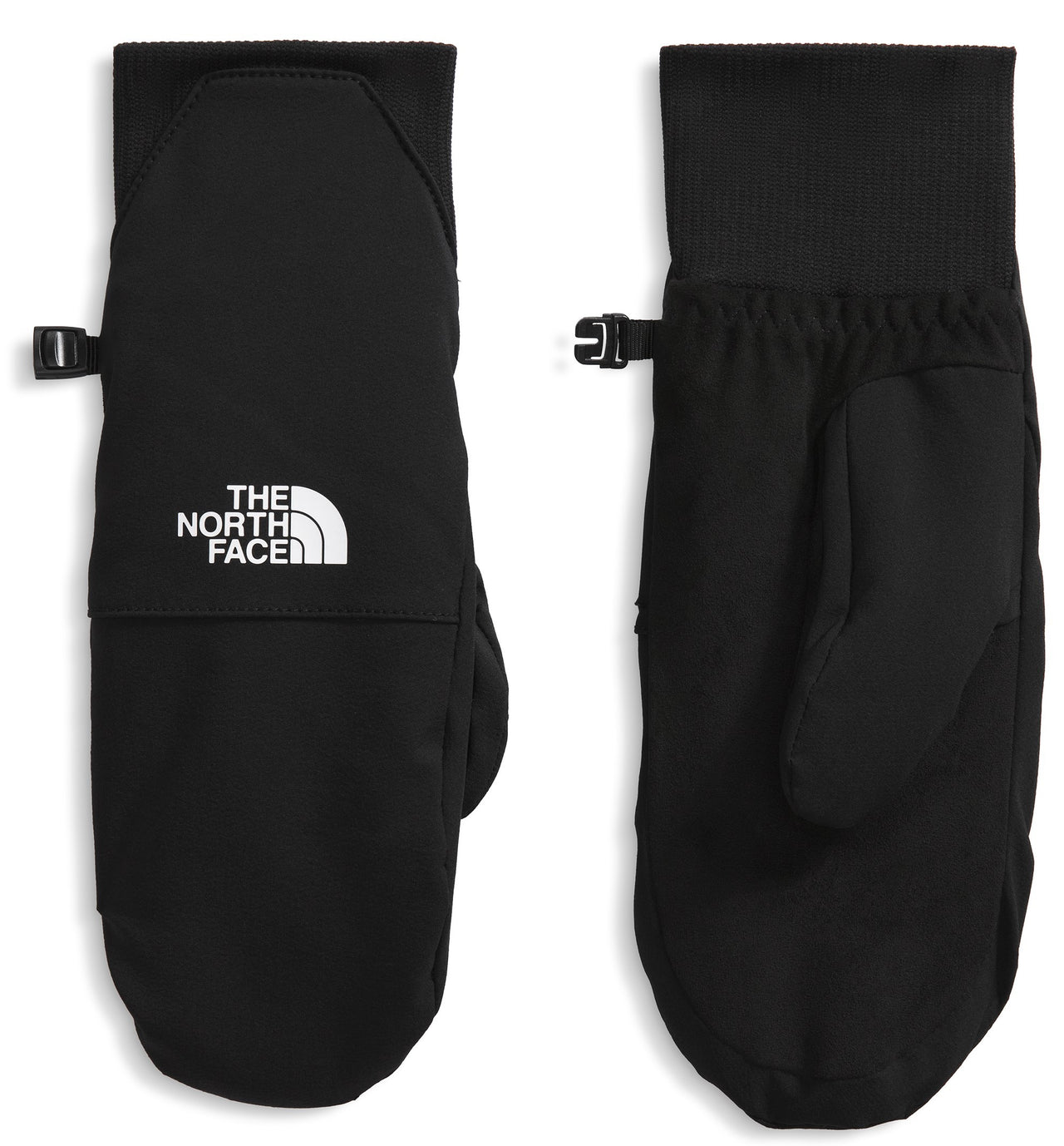 Two black mitts; one has the logo "THE NORTH FACE".