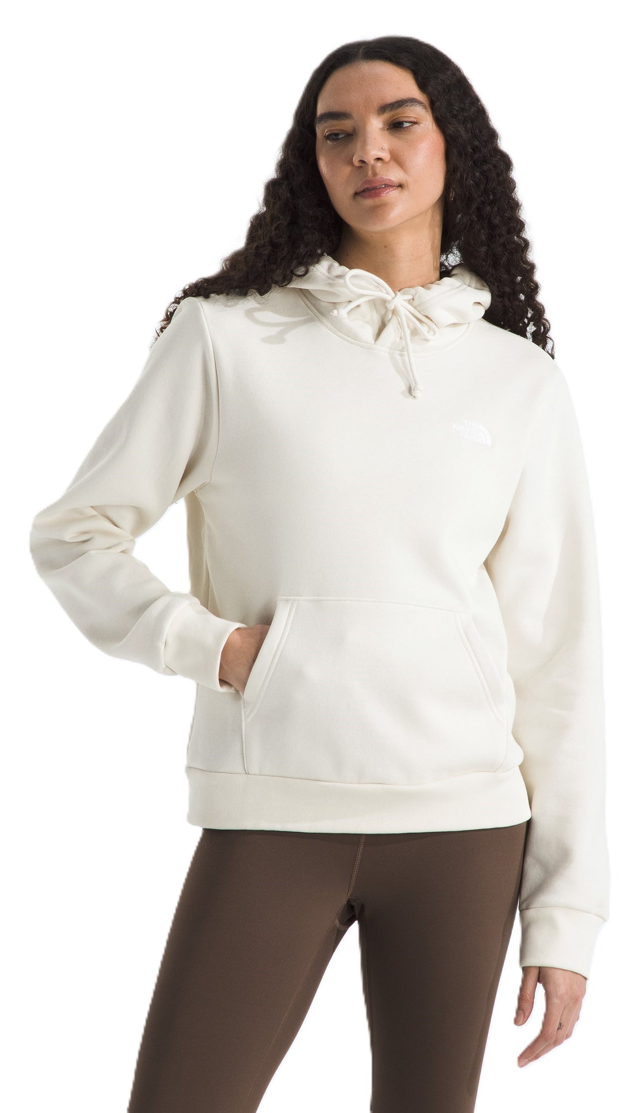 A light-colored hoodie with a kangaroo pocket and ruffled collar, worn by a woman.