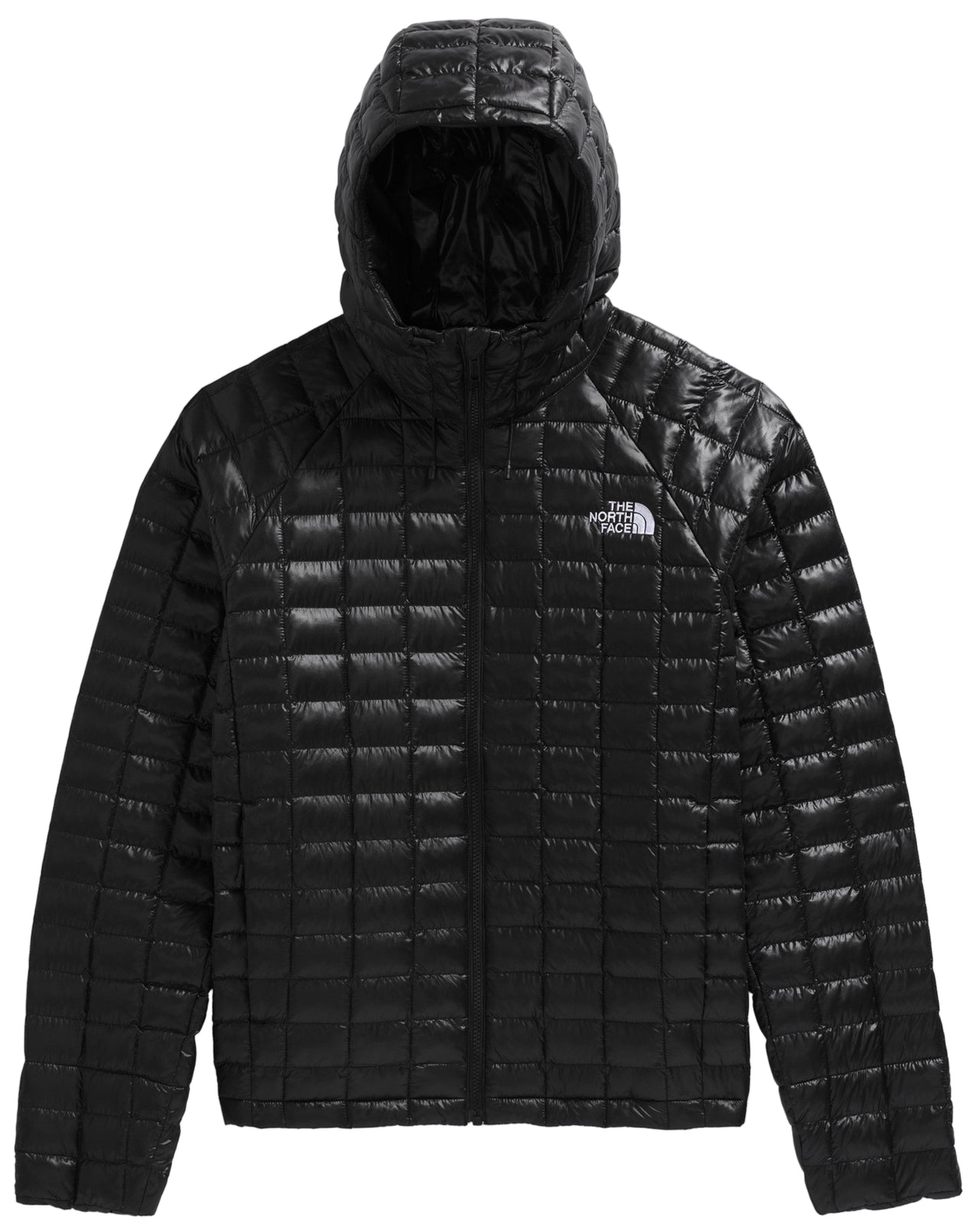 Black hooded jacket with grid pattern.