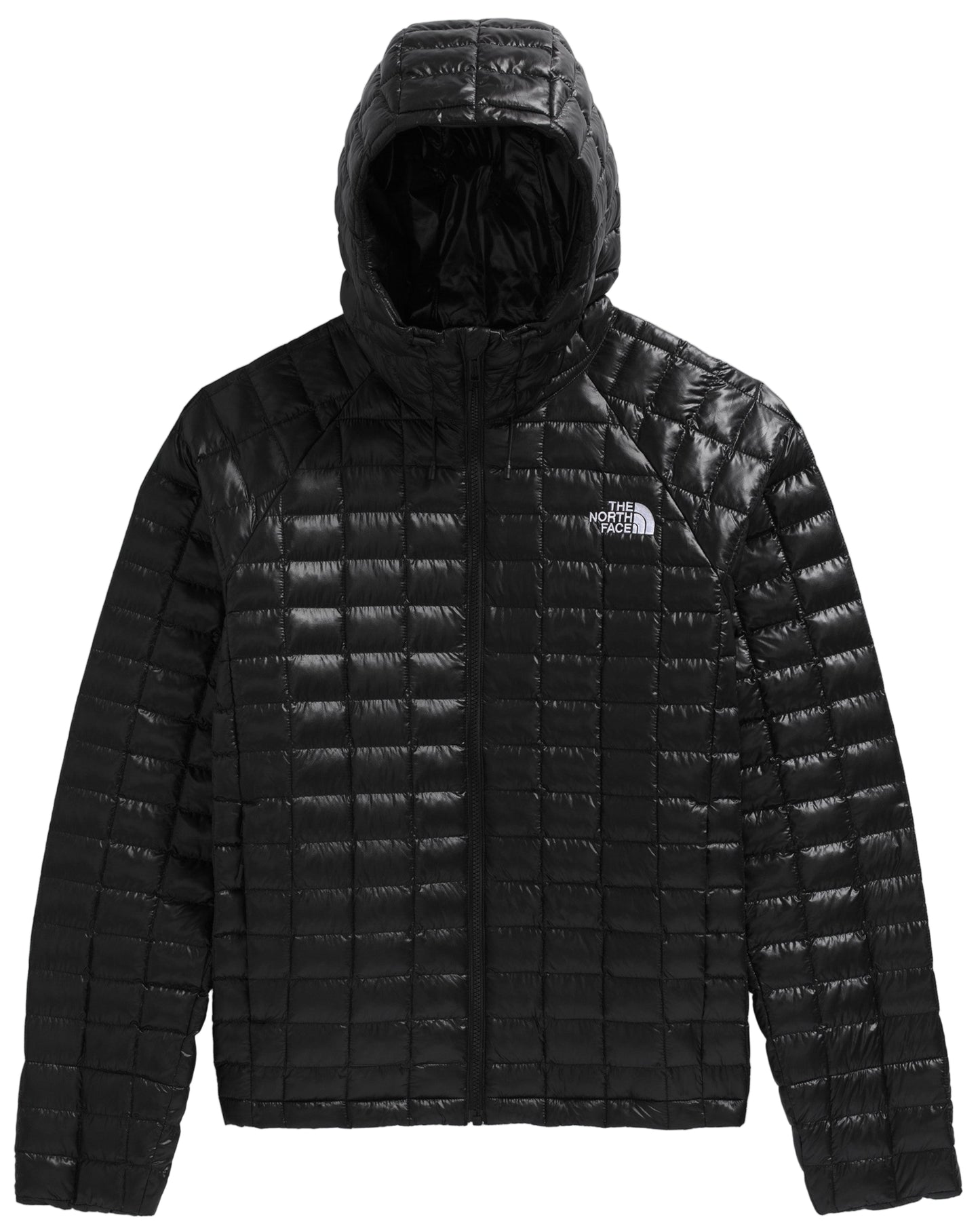 Black hooded jacket with grid pattern.