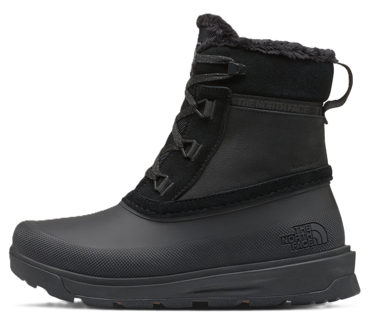 Black, mid-calf, insulated winter boot with a faux fur lining and lace-up closure.