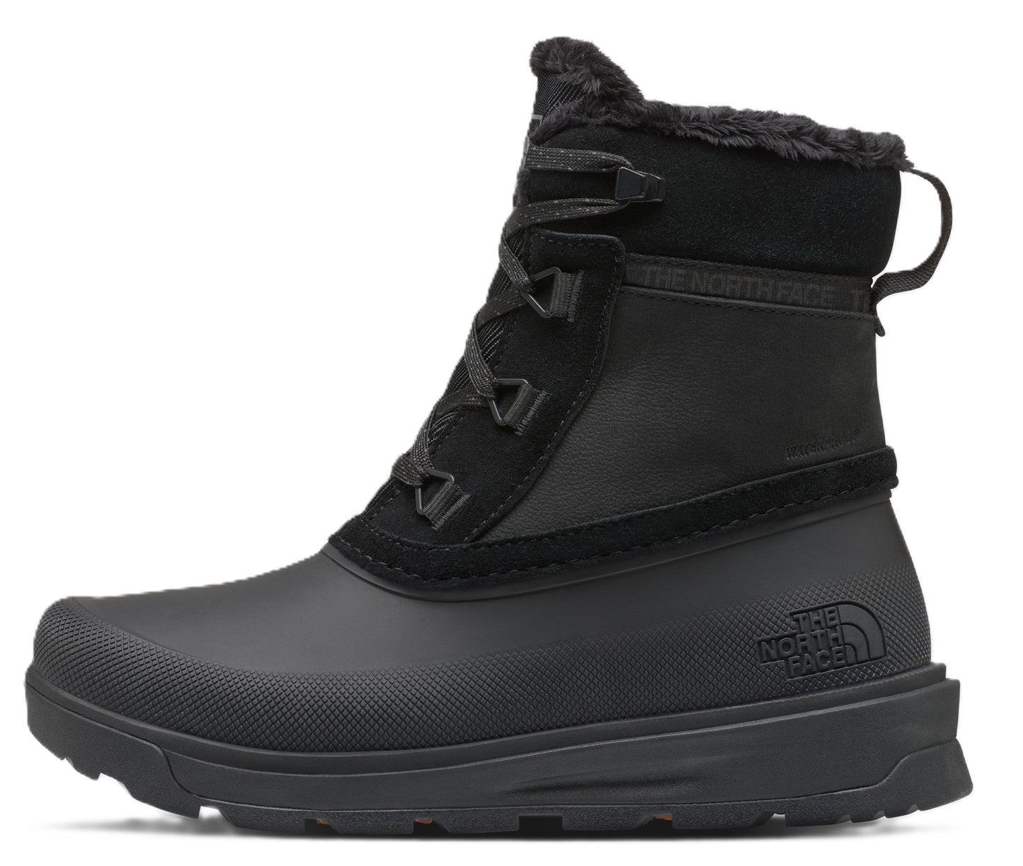 Black, mid-calf, insulated winter boot with a faux fur lining and lace-up closure.