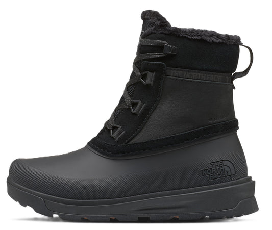 Black, mid-calf, insulated winter boot with a faux fur lining and lace-up closure.