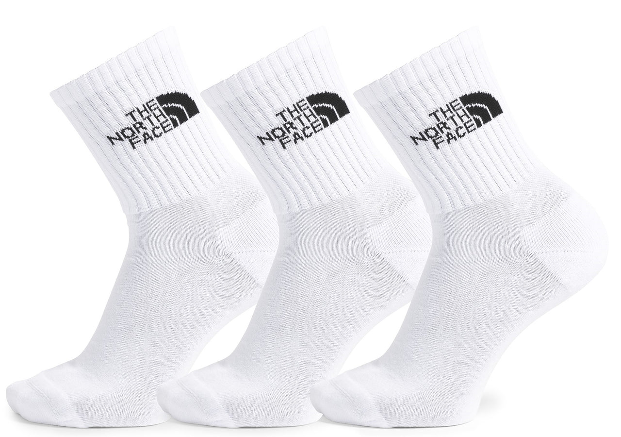 Three white ankle socks with a logo on the upper ankle.
