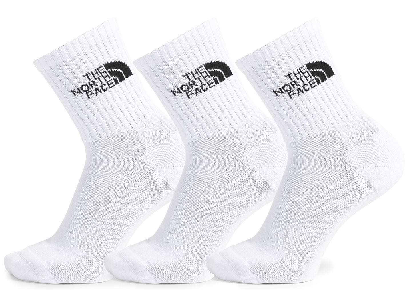 Three white ankle socks with a logo on the upper ankle.