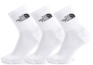 Three white ankle socks with a logo on the upper ankle.