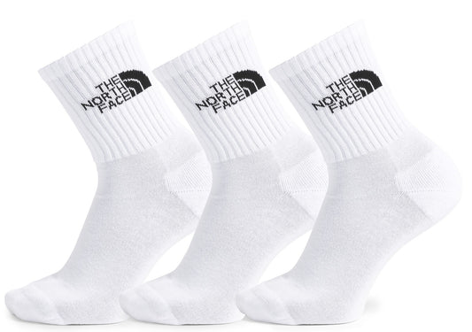 Three white ankle socks with a logo on the upper ankle.