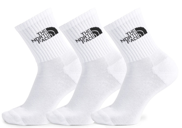 Three white ankle socks with a logo on the upper ankle.