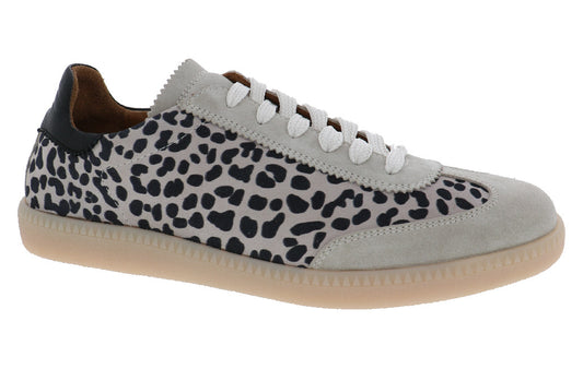 Leopard print sneaker with light gray suede accents and a tan sole.