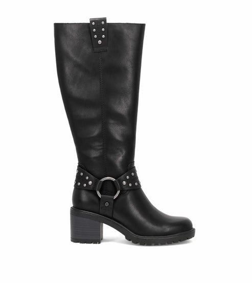 Black knee-high boot with a studded strap and a block heel.