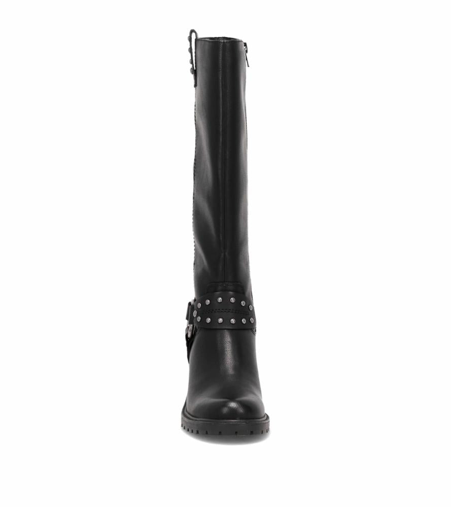 Tall black boots featuring a studded strap.
