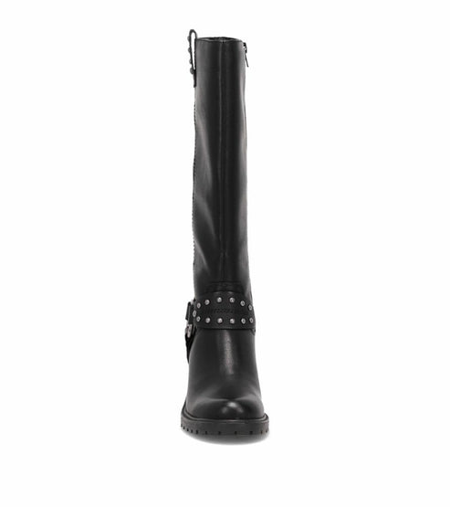 Tall black boots featuring a studded strap.