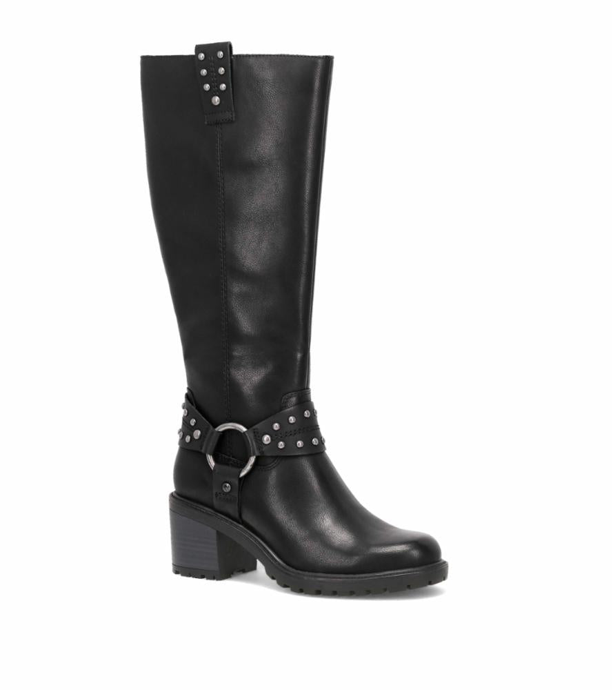 Black, knee-high, heeled boot with a studded strap and a silver ring