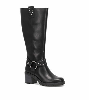 Black, knee-high, heeled boot with a studded strap and a silver ring