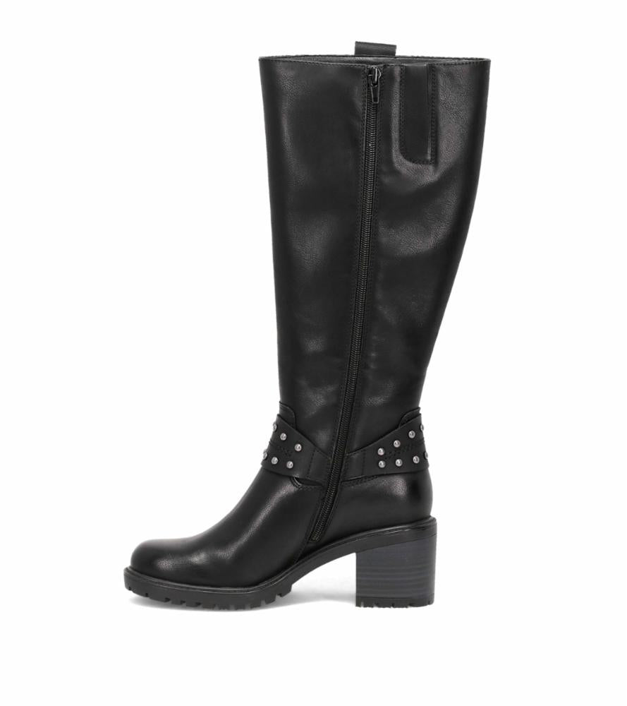 A black, knee-high boot with a block heel and silver stud accents.
