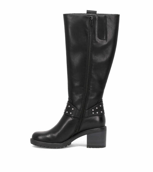 A black, knee-high boot with a block heel and silver stud accents.