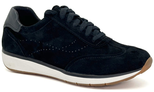 A black suede lace-up sneaker featuring a white midsole, a tan rubber outsole, and subtle decorative perforations along the side.