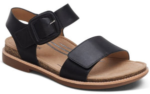 Black sandal with buckled ankle strap and hook-and-loop closure.