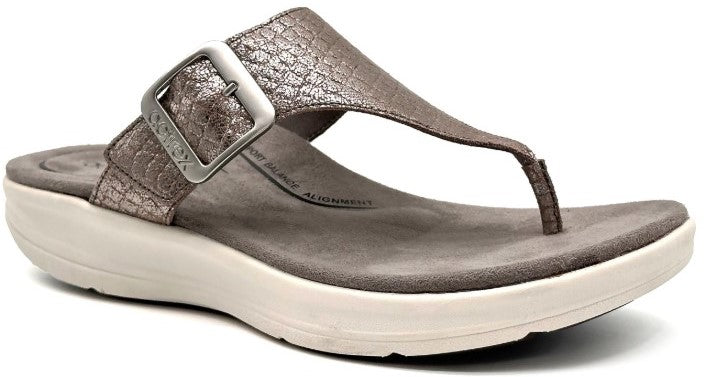 Sandal featuring a toe post and decorative silver buckle