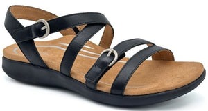 Black sandal with multiple straps and a buckled ankle strap.