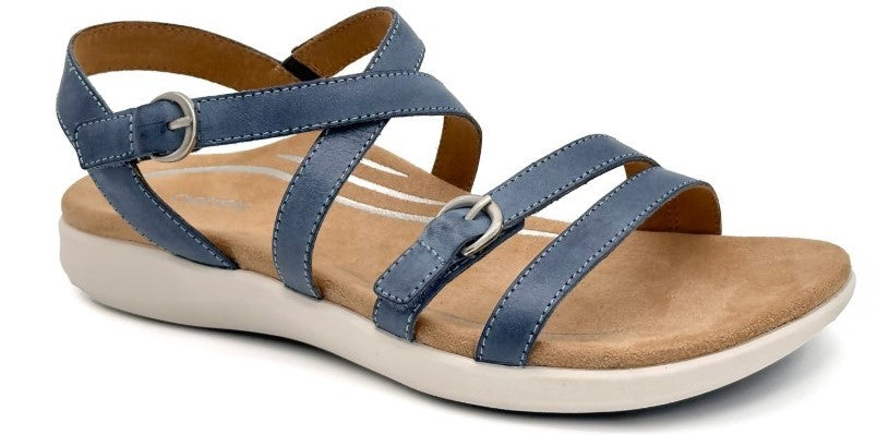 A blue sandal with multiple straps and a buckle.