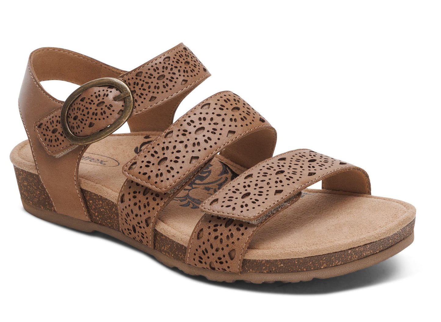 Tan sandal with laser cut straps and adjustable buckle.
