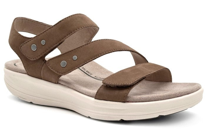 Brown sandal with three velcro straps and a white sole.