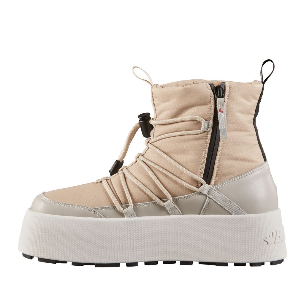 Beige ankle boot with white platform sole, beige laces and a side zipper.