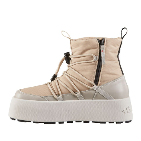 Beige ankle boot with white platform sole, beige laces and a side zipper.
