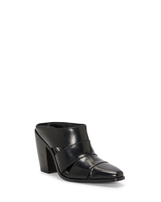 Black leather block heel mule shoe with straps.