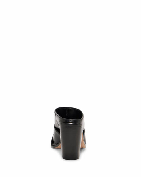 Black heeled mule with cutout detail.