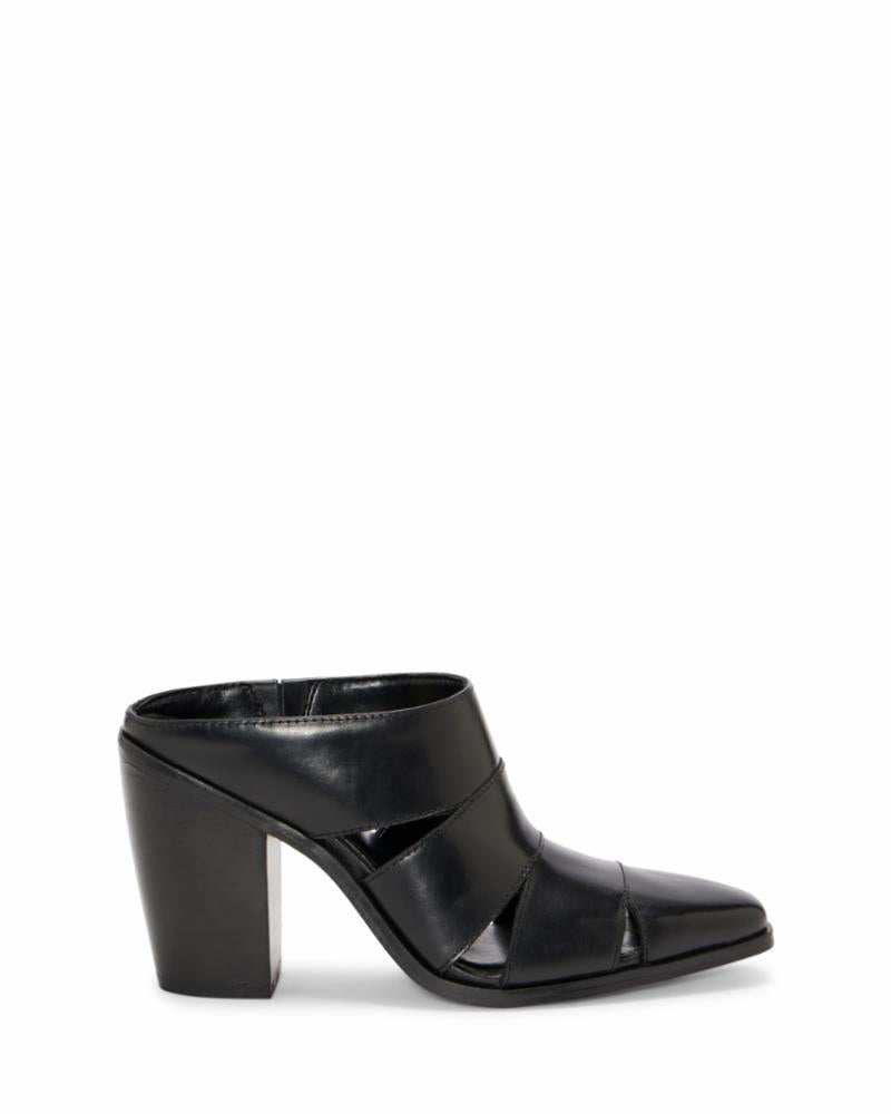 Black pointed-toe mule heel with woven straps.