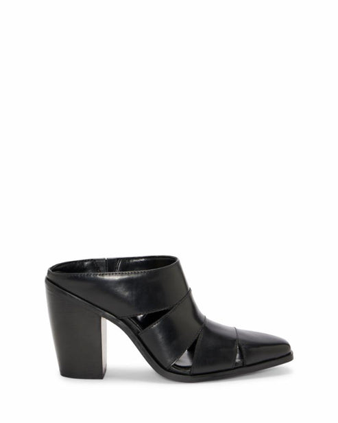 Black pointed-toe mule heel with woven straps.