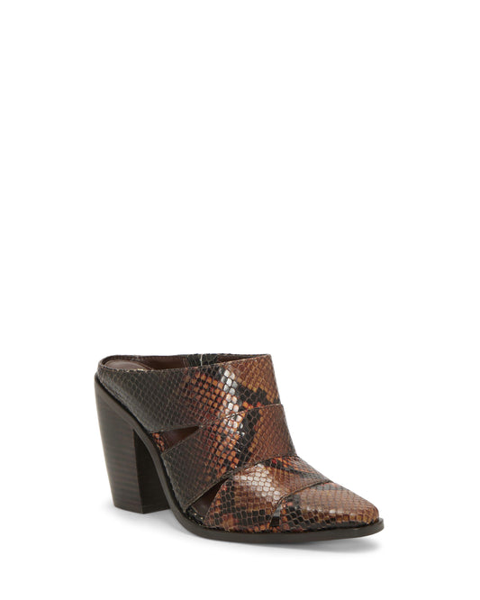 Brown reptile-print mule with geometric cut-out and block heel.